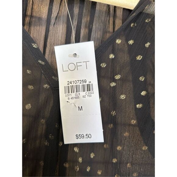 LOFT Black Sheer Metallic Dot Smocked Ruffle Blouse NWT Women’s M - Picture 5 of 9